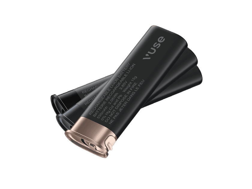 Three black Vuse vape batteries with bronze ends are stacked on top of each other, displayed on a light gray background. Text and branding are visible on the batteries.