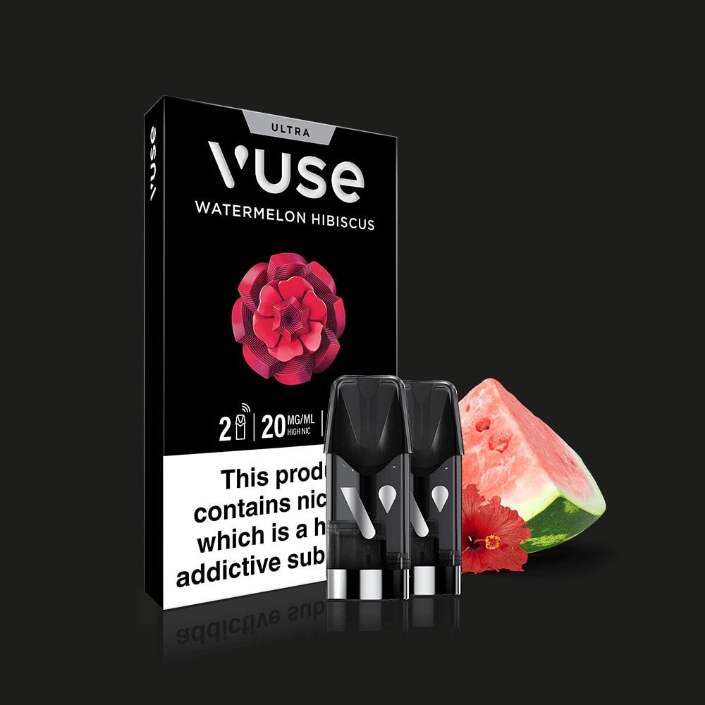 A Vuse Watermelon Hibiscus Ultra Smart Pod box with two pods, a watermelon slice, and a hibiscus flower on a black background. The box shows the flavor name, nicotine content, and features Flavour AutoTune technology.