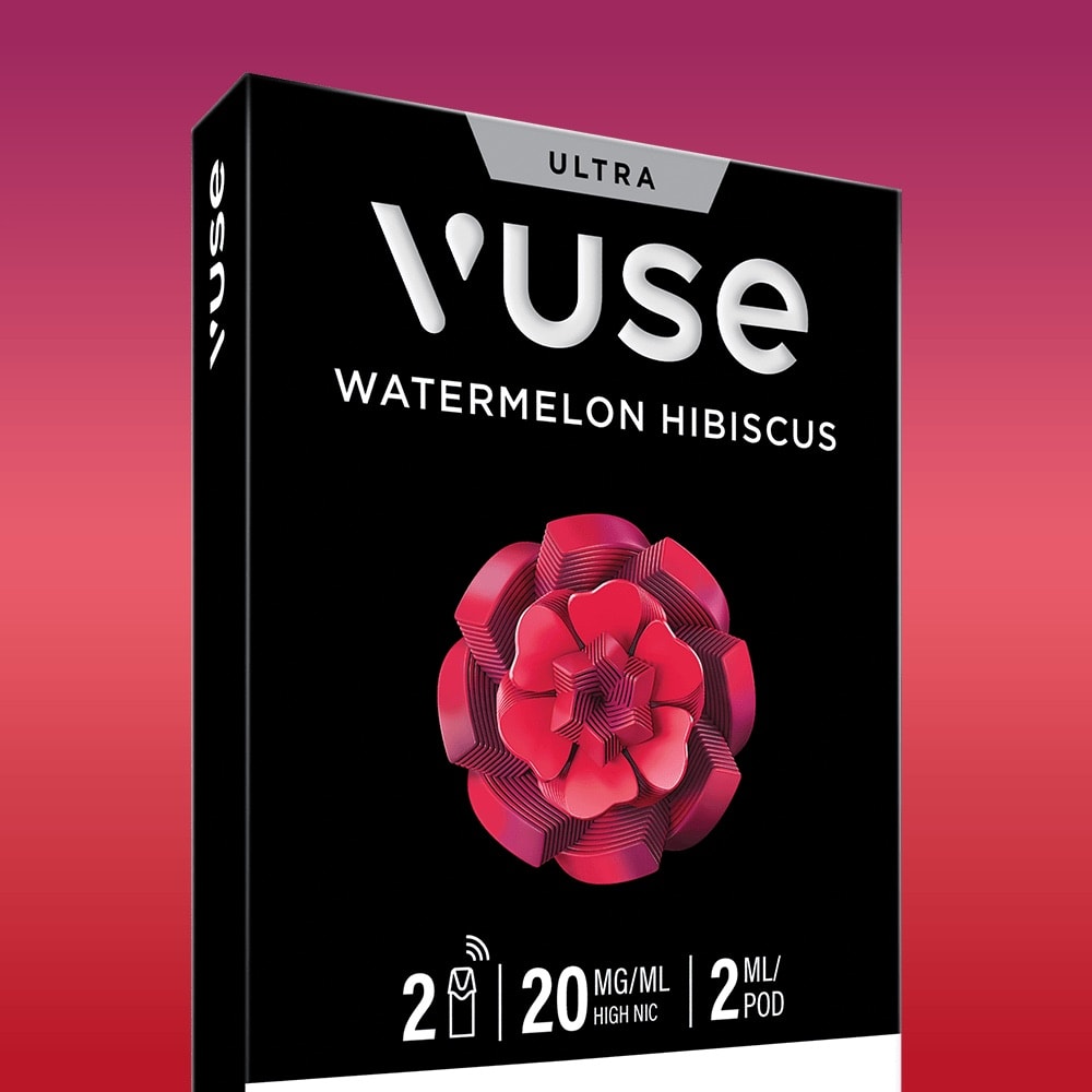 A Vuse Watermelon Hibiscus Ultra Smart Pod box features a pink flower graphic, contains 2 pods with ceramic heaters, 20 mg/ml nicotine strength, and 2 ml capacity, set against a gradient pink-red background.