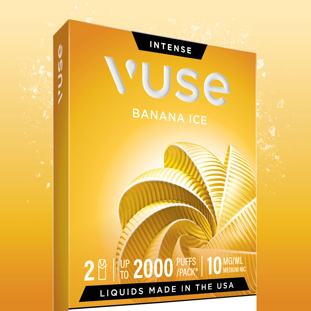A yellow box of Vuse Banana Ice Extra Intense Flavour Pods, featuring a swirling gold design, flavor name, 2000 puffs per pack, 10mg/ml nicotine, “Liquids made in the USA,” compatible with Vuse PRO and pre-filled e-liquid pods.