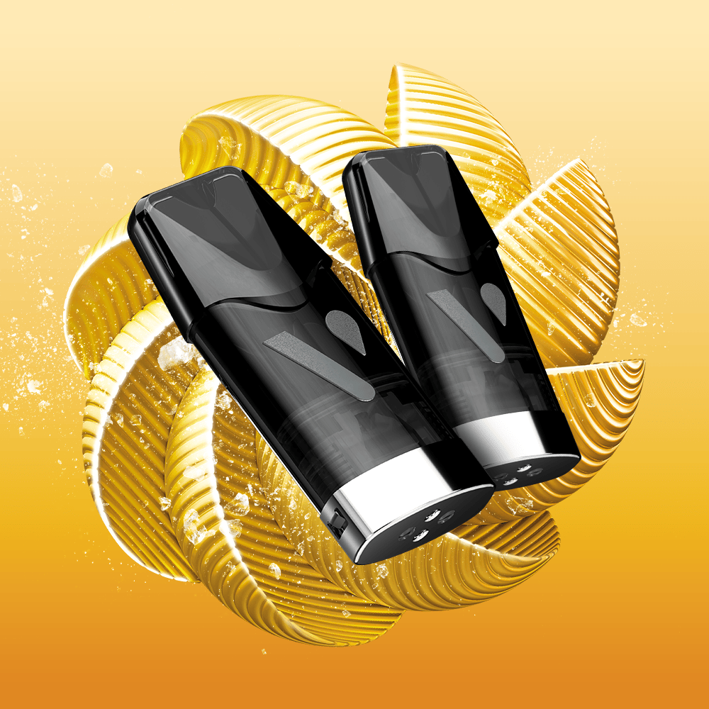 Two sleek black and silver Vuse PRO vape pods stand out against a swirling golden background, set on a warm yellow gradient—perfect for enjoying Banana Ice Vuse Extra Intense Flavour Pods or other Vuse pre-filled e-liquid pods.