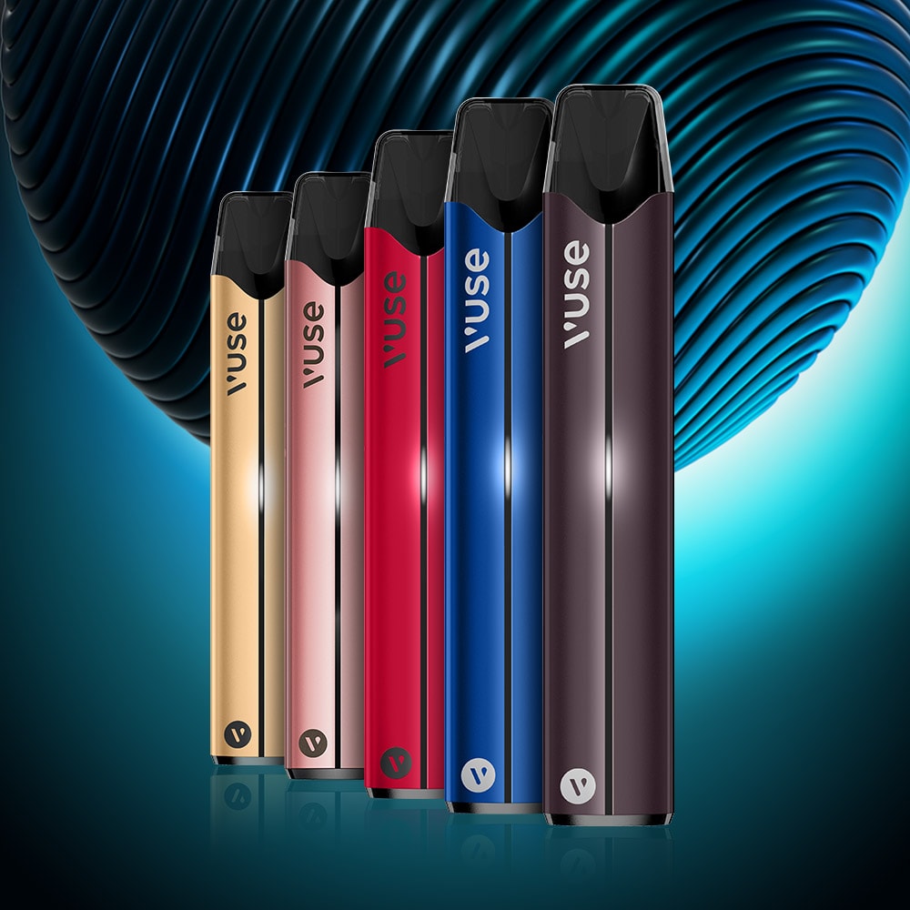 Five Vuse Pro Device Kit vape pens from Vuse in gold, silver, red, blue, and black stand upright in a slight arc against a curved blue and black background. These sleek metallic devices feature fast charging technology.