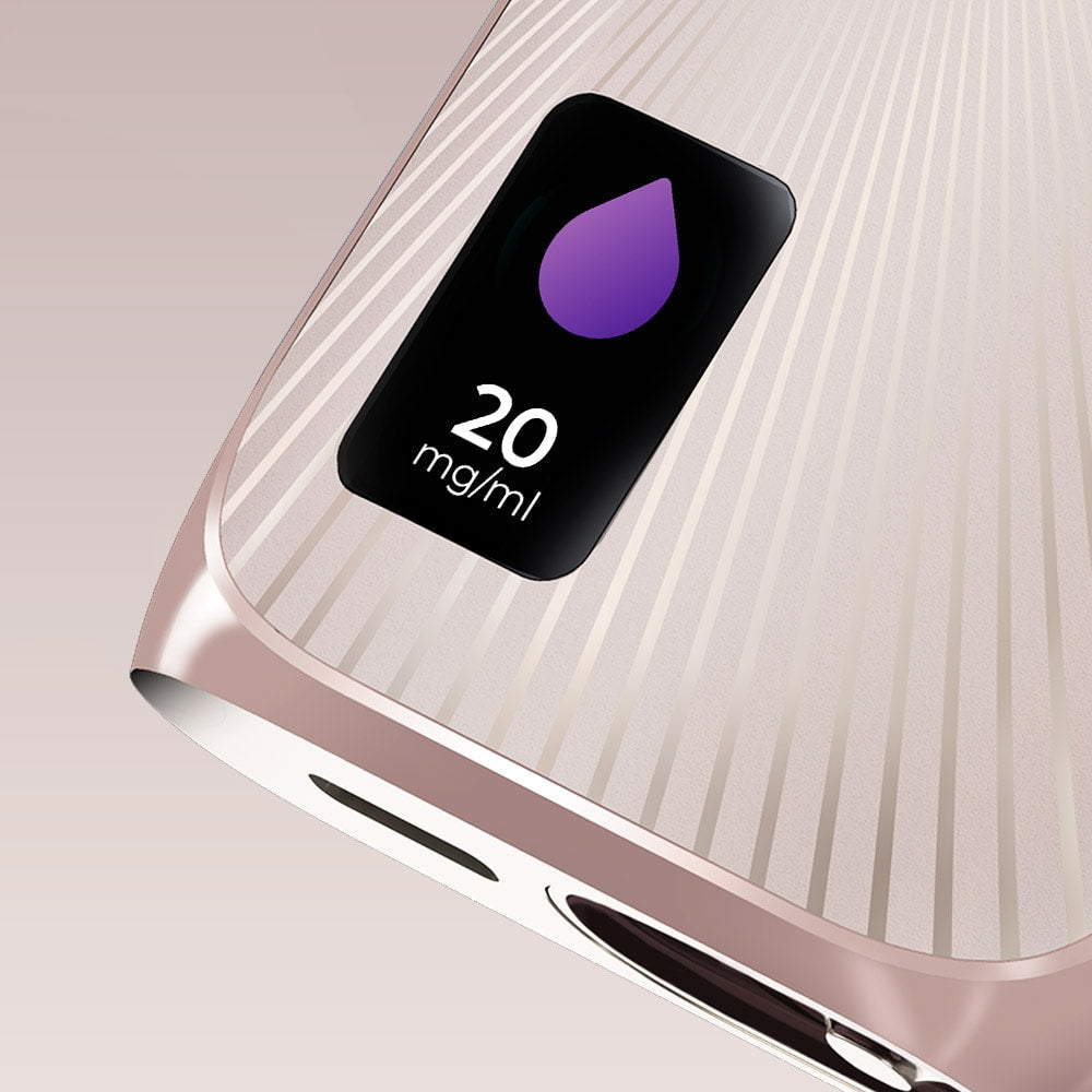 Close-up of a sleek, light-colored Vuse Ultra Device Kit by Vuse, featuring an advanced vape design with subtle radial lines and a screen showing a purple droplet icon and "20 mg/ml.