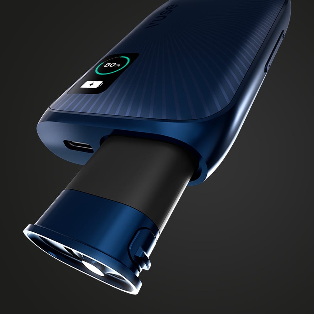 A close-up of the Vuse Ultra Replacement Battery by Vuse, featuring a sleek dark blue design with a cartridge partially inserted and an 80% battery indicator visible, set against a dark background.