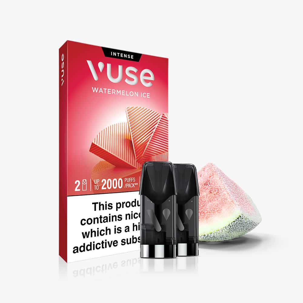 A box of Vuse Watermelon Ice Extra Intense Flavour Pods, featuring two Watermelon Ice pods and a watermelon slice in front. The box, compatible with Vuse PRO devices, advertises up to 2000 puffs and displays a nicotine warning at the bottom.