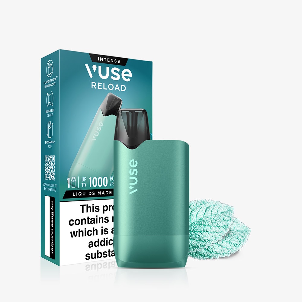 The Mint Ice Vuse Reload Box is shown with a teal premium vape device and two Mint Ice pods in front of branded packaging featuring safety info on a white background.