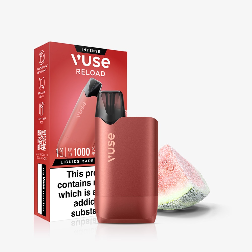 A red Vuse Reload reusable vape stands before its box, labeled "Watermelon Ice Vuse Reload Box," alongside a sugar-coated watermelon slice. The packaging highlights up to 1000 puffs, a prefilled pod, and refreshing watermelon ice flavor.