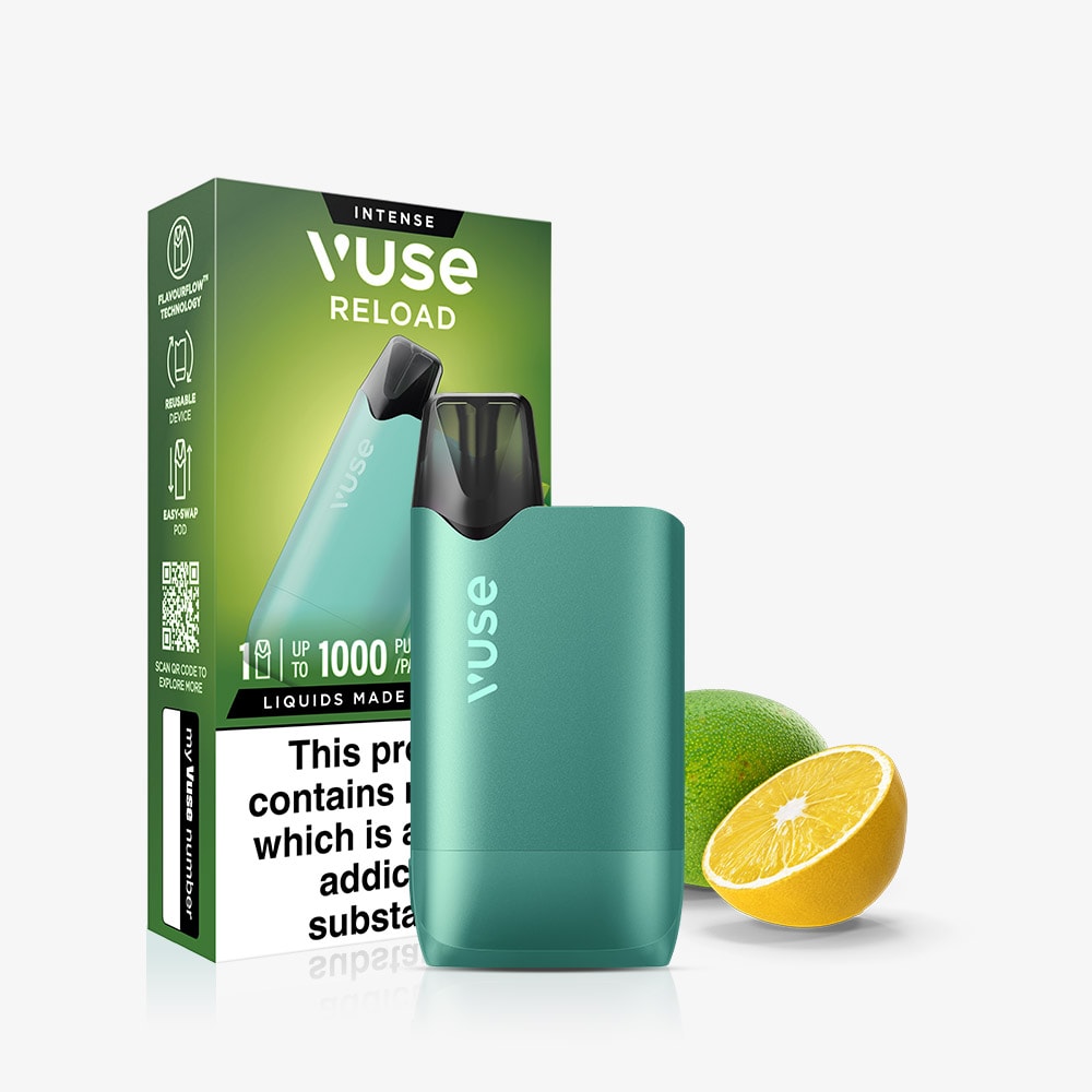 The Lemon & Lime Vuse Reload Box is shown with a green reusable vape device, a whole lime, and a halved lemon in front. The box highlights product info, Extra Intense Pods details, and displays a health warning label.
