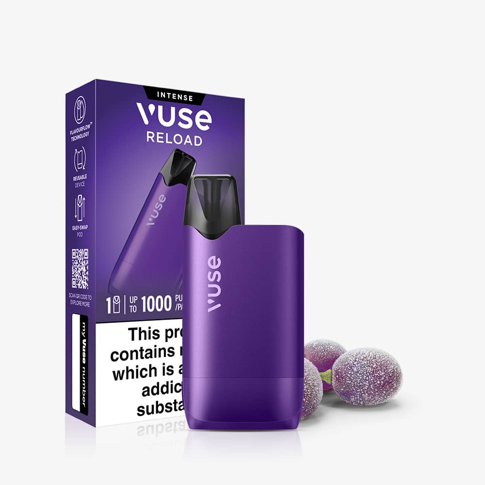 Purple Grape Ice Vuse Reload Box reusable vape with a pod, shown next to its product packaging and three frozen grapes.