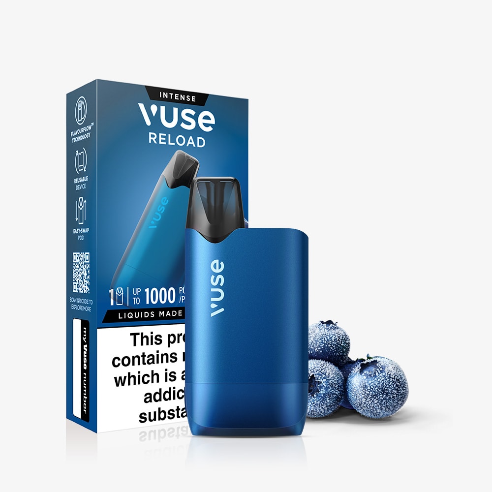 A blue Vuse Reload vape stands before its Blueberry Ice Vuse Reload Box, with three frosted blueberries nearby to suggest the flavor. The packaging highlights the brand Vuse and features up to 1000 puffs.