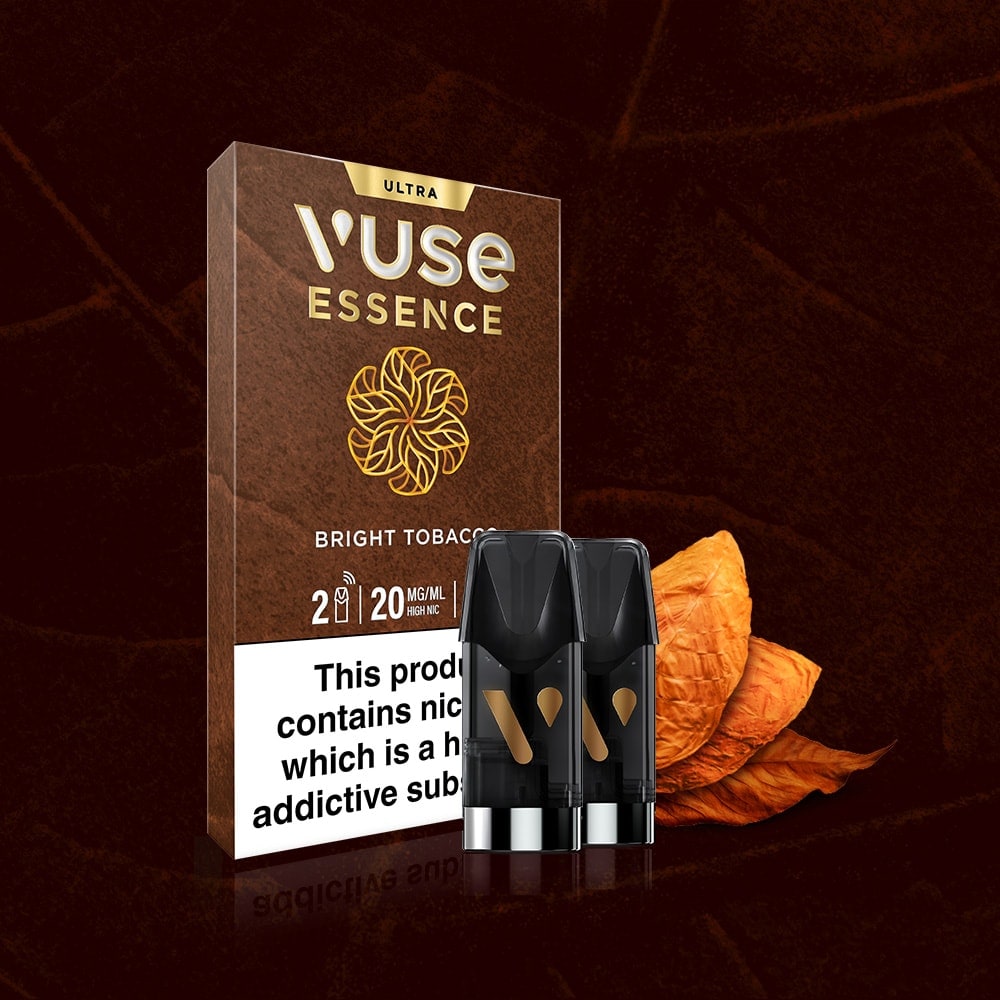 A box of Vuse Bright Tobacco Smart Pods by Vuse, 20mg nicotine strength, is pictured with two sleek black Ultra Smart Pods in front and tobacco leaves in the background. The packaging displays a nicotine warning, highlighting responsible vaping.
