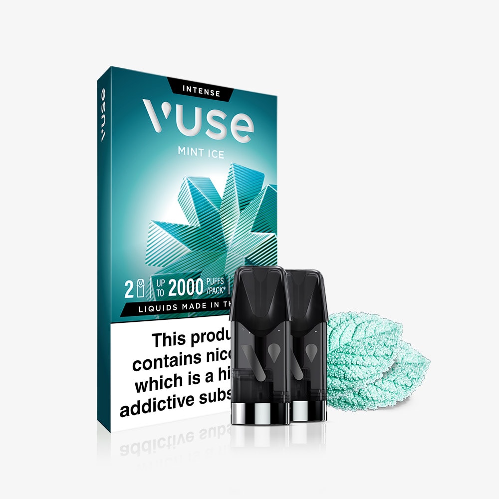 A Mint Ice Vuse Extra Intense Flavour Pods pack with two pre-filled pods sits by a teal mint leaf. The packaging notes "Intense," up to 2000 puffs, Vuse PRO compatible, and includes a nicotine addiction warning.