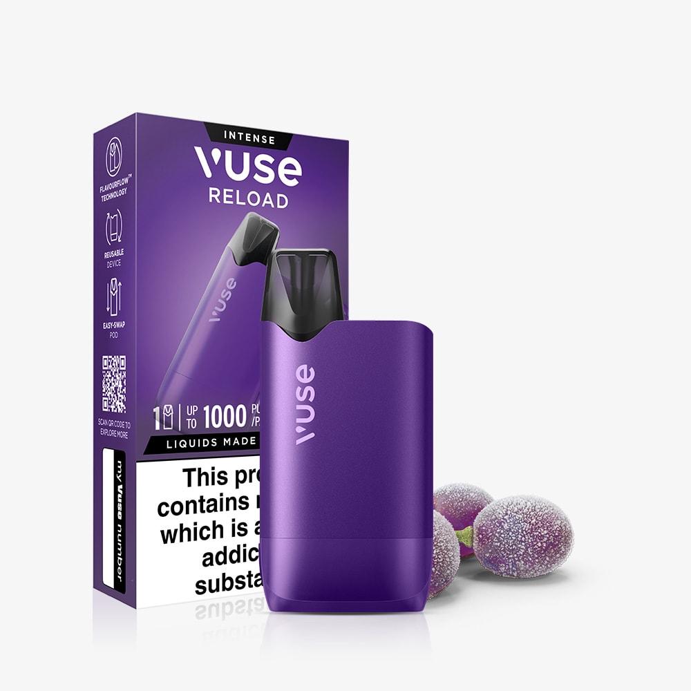 A Grape Ice Vuse Reload Box reusable vape device by Vuse is displayed before its branded packaging in purple and black, with three sugared grapes beside it on a white background.