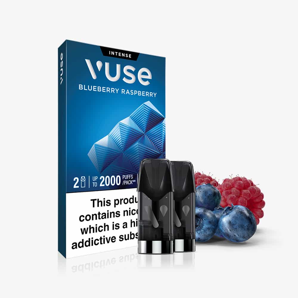 A box of Blueberry Raspberry Vuse Extra Intense Flavour Pods from Vuse is shown with two compatible pods placed in front, alongside fresh blueberries and raspberries. The packaging displays a warning highlighting the highly addictive nature of nicotine—these pods are convenient, pre-filled e-liquid cartridges designed for a satisfying vaping experience.