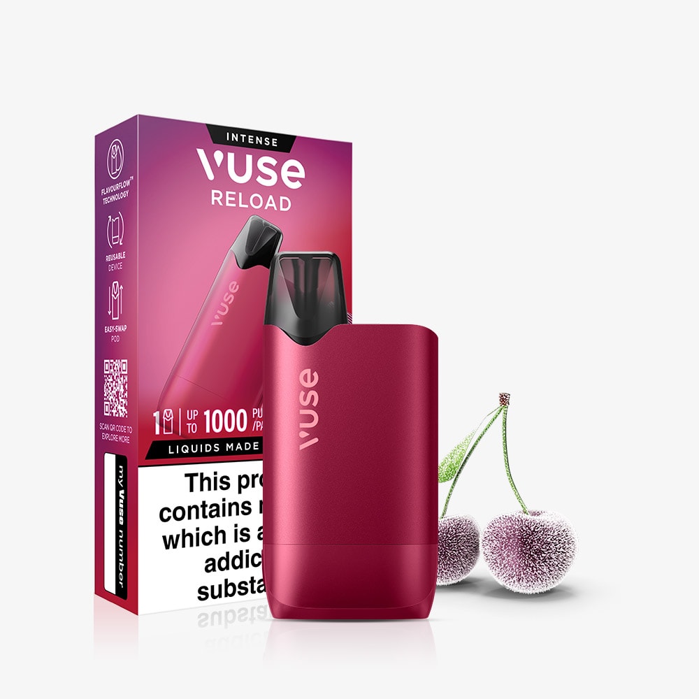 The Vuse Cherry Ice Reload Box is shown in front of its branded packaging, with frosted cherries beside it alluding to the Cherry Ice flavor. The device and box are set against a white background.