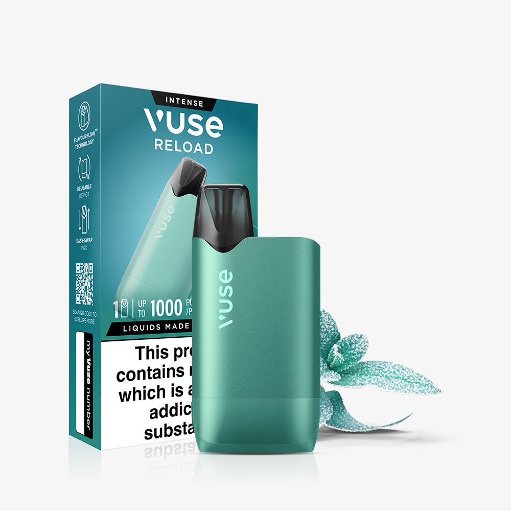 A Vuse Mint Ice Vuse Reload Box is displayed with the reusable vape device, matching packaging, a Mint Ice pod, and a mint leaf on a white background.