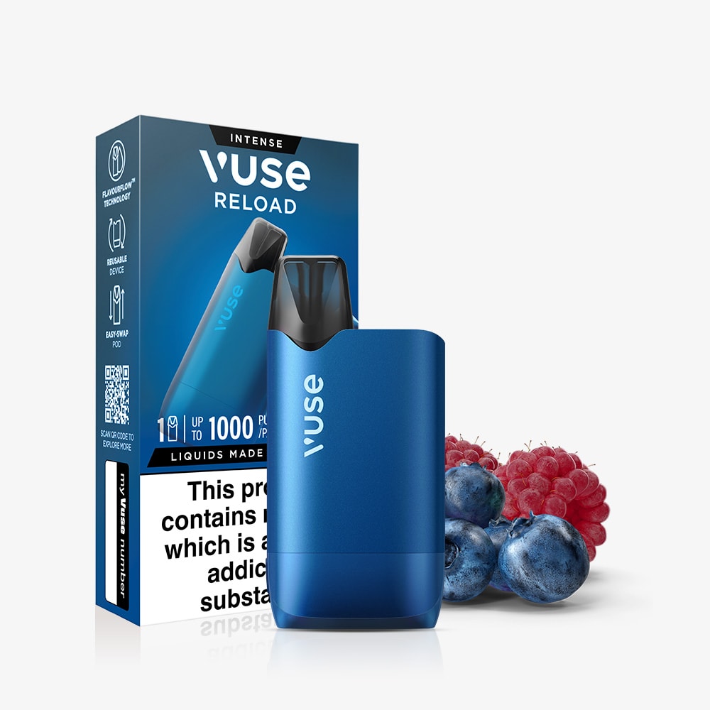 The Blueberry Raspberry Vuse Reload Box by Vuse is shown with its packaging next to blueberries and raspberries, highlighting berry flavor. Packaging displays product info, health warnings, and shows the prefilled vape pod inside.