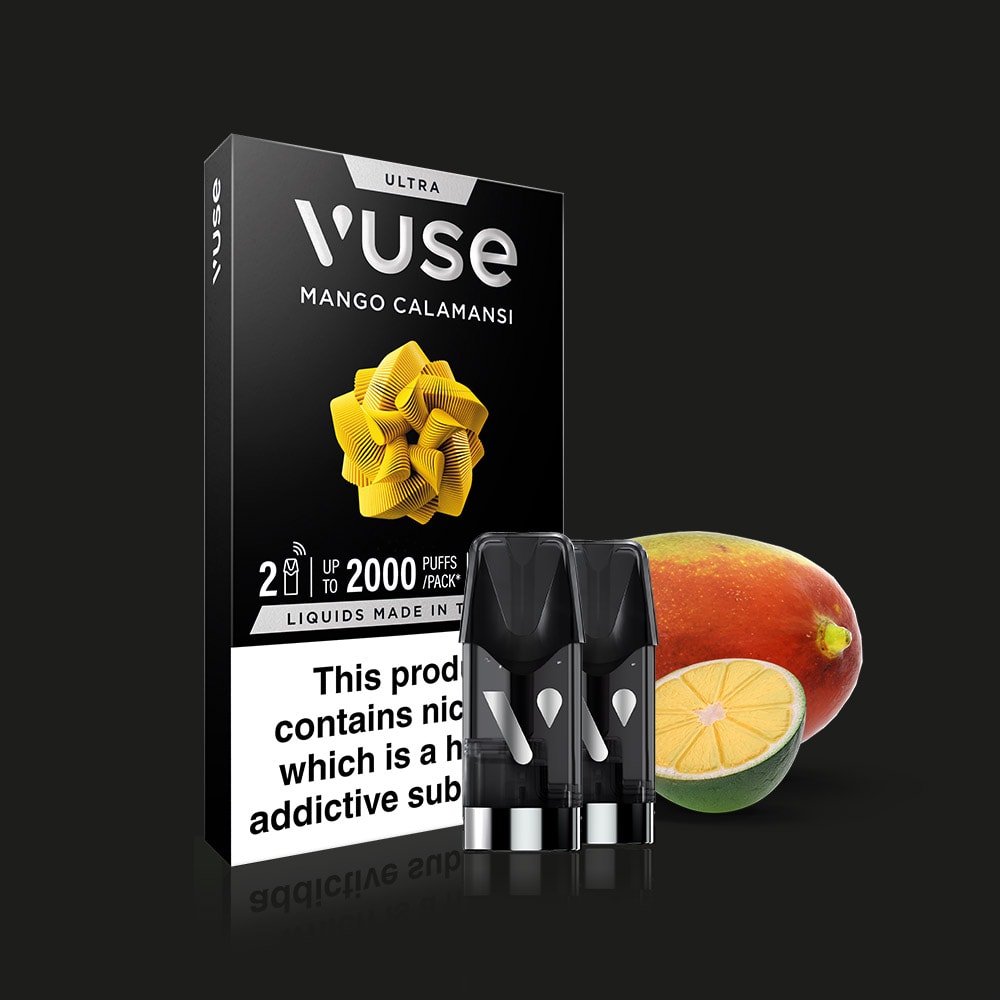 Vuse Mango Calamansi Ultra Smart Pod packaging with two pods in front, a whole mango and halved calamansi, all set against a black background for an elevated vaping experience.