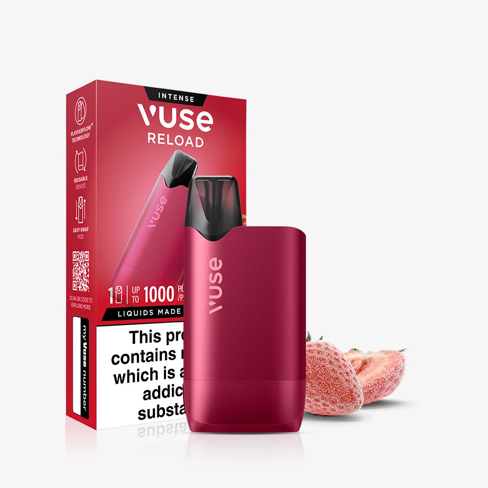 The Strawberry Ice Vuse Reload Box by Vuse is shown with its red and white packaging, featuring a reusable vape device beside two strawberries, highlighting the strawberry flavor with Extra Intense Pods.