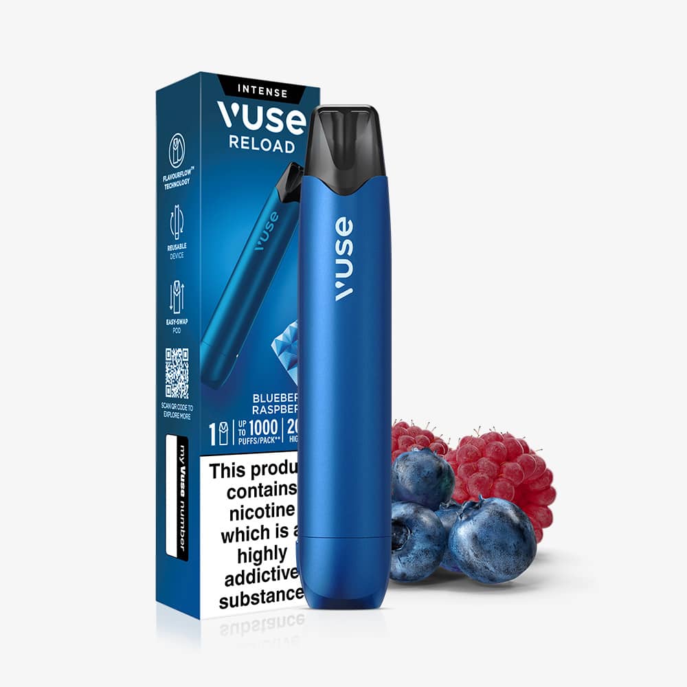 A blue Blueberry Raspberry Vuse Reload Pen standing next to a pile of fresh blueberries and raspberries.