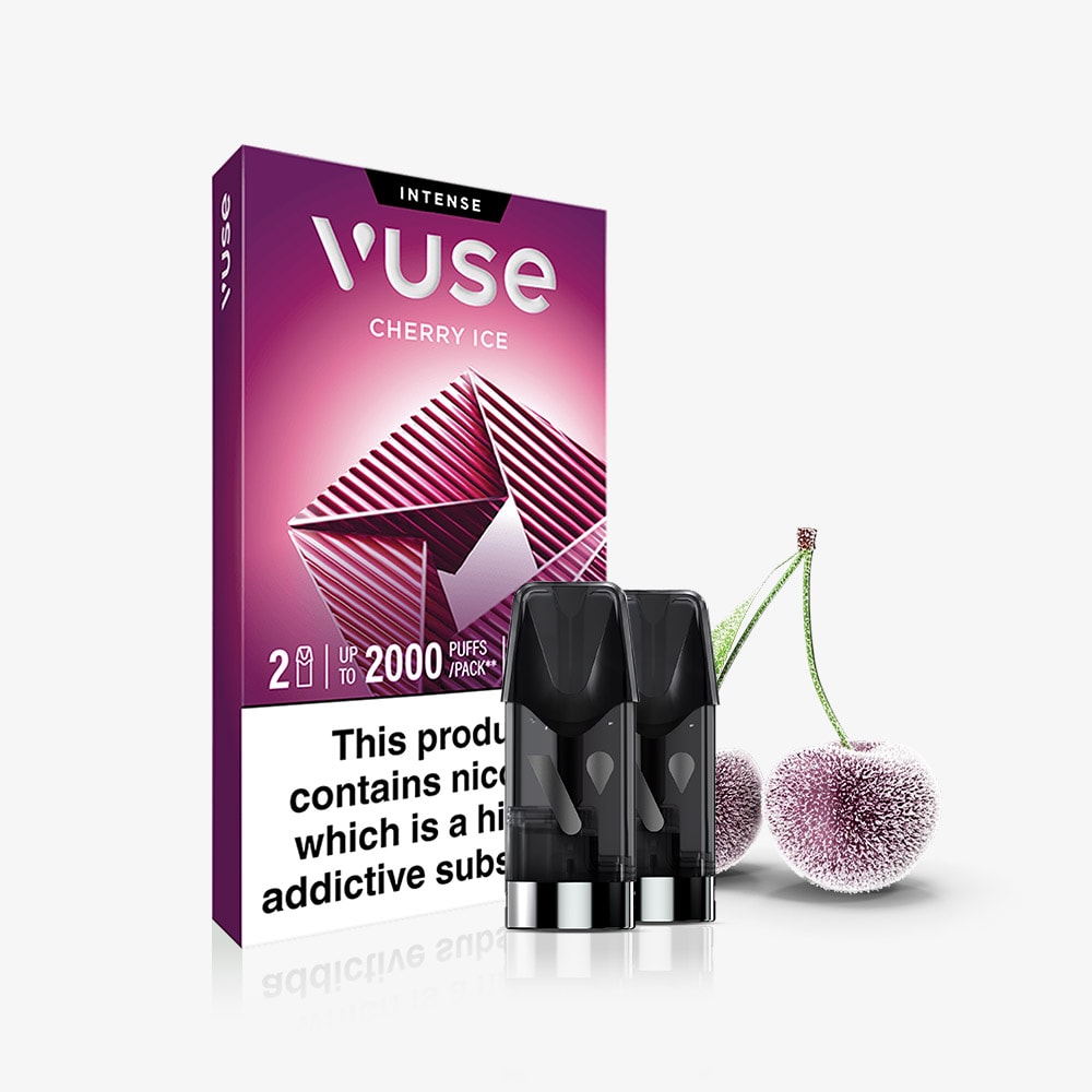 Cherry Ice Extra Intense Flavour Pods packaging shows two pre-filled vape pods and frosty cherries. The purple box has a geometric design, nicotine warning label, and is compatible with Vuse PRO devices.
