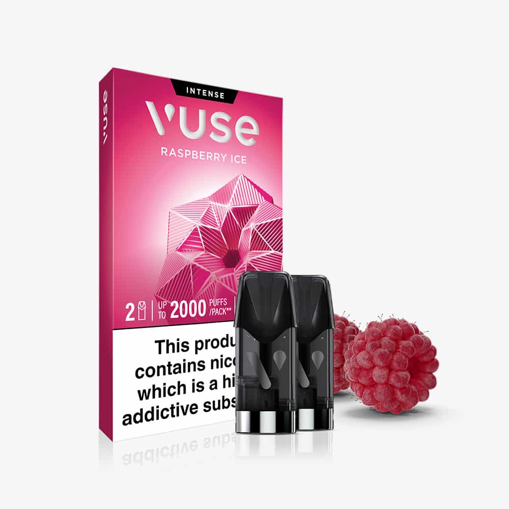 The Raspberry Ice Vuse Extra Intense Flavour Pods pack from Vuse includes two pods featuring smooth nic salts for a satisfying vaping experience. The packaging displays a raspberry graphic and a nicotine warning label, with two raspberries placed beside the pods. These pods are compatible with Vuse PRO devices.