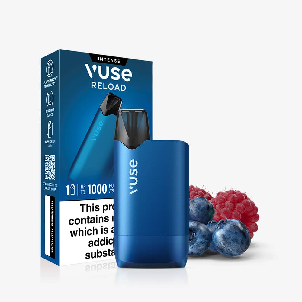 A compact blue Blueberry Raspberry Vuse Reload Box device and its matching packaging, set next to fresh blueberries and raspberries.