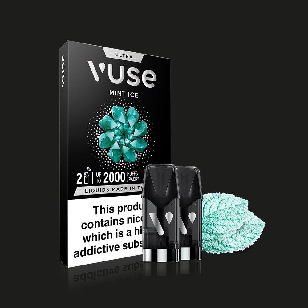 Vuse Mint Ice Ultra Smart Pod packaging with two pods in front, mint leaves, and a geometric mint design on a black background. The text warns that nicotine is highly addictive.