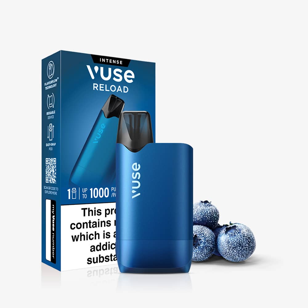 A blue Blueberry Ice Vuse Reload Box and its packaging next to a small pile of blueberries.