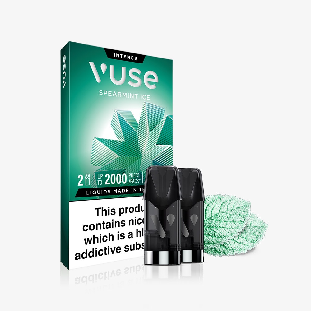 A Spearmint Ice Vuse Extra Intense Flavour Pods pack with two pre-filled e-liquid pods and spearmint leaves in front; the Vuse PRO compatible package displays a nicotine warning label.