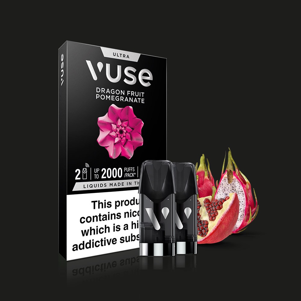 A Vuse Dragon Fruit Pomegranate Ultra Smart Pod pack with two pods, ceramic heater technology, and a flavor blend of dragon fruit and pomegranate is displayed on a black background. Packaging states: This product contains nicotine.