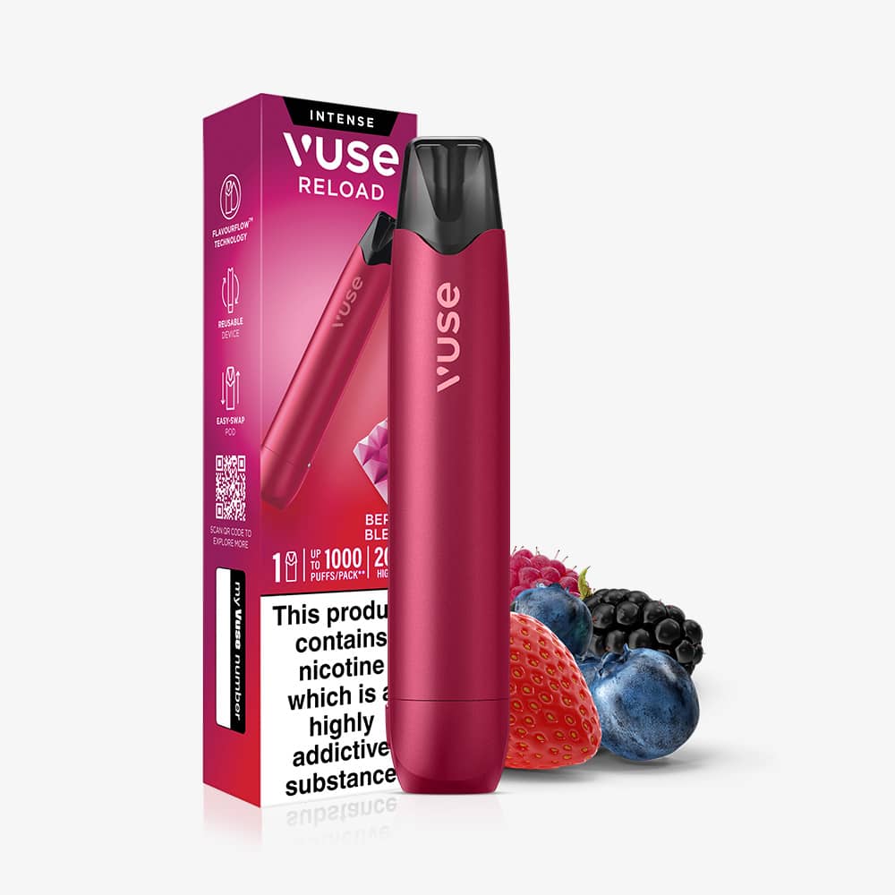A pink Berry Blend Vuse Reload Pen next to its product packaging and a cluster of fresh berries.