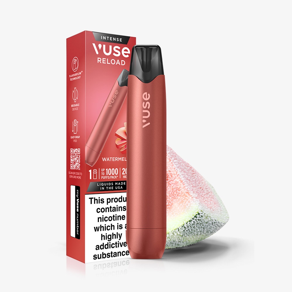 A Watermelon Ice Vuse Reload Pen stands next to its matching box, both displaying the Vuse brand and a visible nicotine warning, with a juicy watermelon slice behind them.
