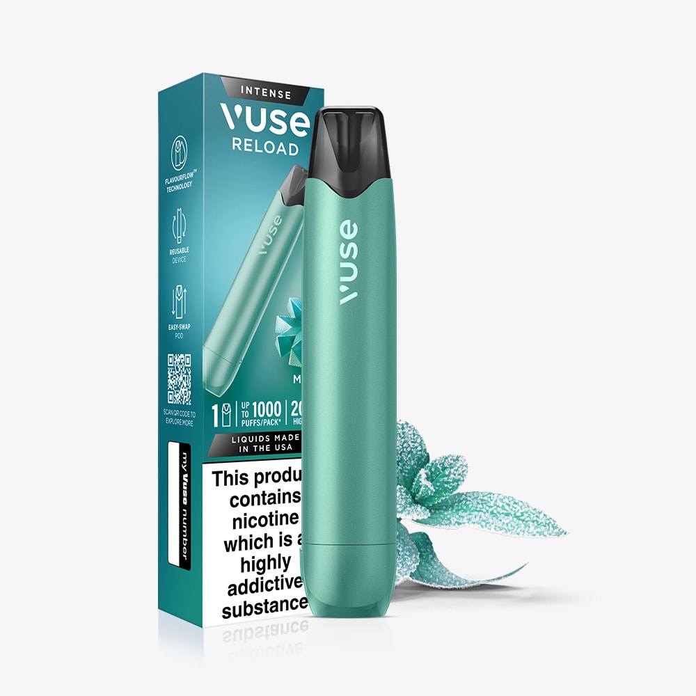 A Mint Ice Aqua Vuse Reload Pen is displayed before its matching Vuse packaging, decorated with mint leaves. A fresh mint sprig beside the reusable pen emphasizes its cool, refreshing mint flavor.