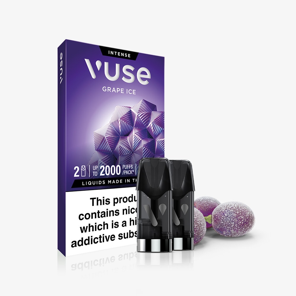 Grape Ice Vuse Extra Intense Flavour Pods by Vuse are shown in their packaging with two Vuse PRO compatible pods in front, sugar-coated purple candies beside the box, and a geometric grape design plus a nicotine warning label.