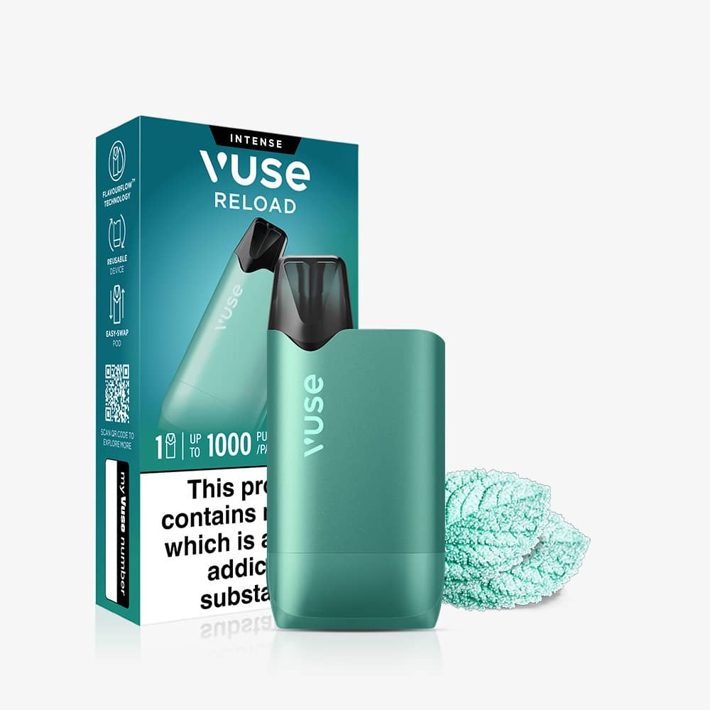 A mint green Mint Ice Vuse Reload Box stands in front of its matching product box.