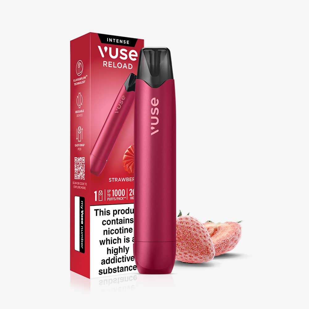 A pink Strawberry Ice Vuse Reload Pen stands next to sliced strawberries, with product packaging featuring a QR code and nicotine warning text in the background.