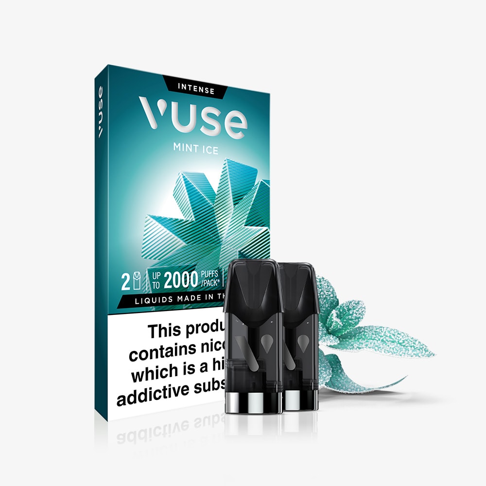 Mint Ice Vuse Extra Intense Flavour Pods packaging shown with two Vuse pre-filled e-liquid pods, mint leaf graphic, "Intense", up to 2000 puffs, Vuse PRO compatible, and a nicotine warning label displayed on the box.