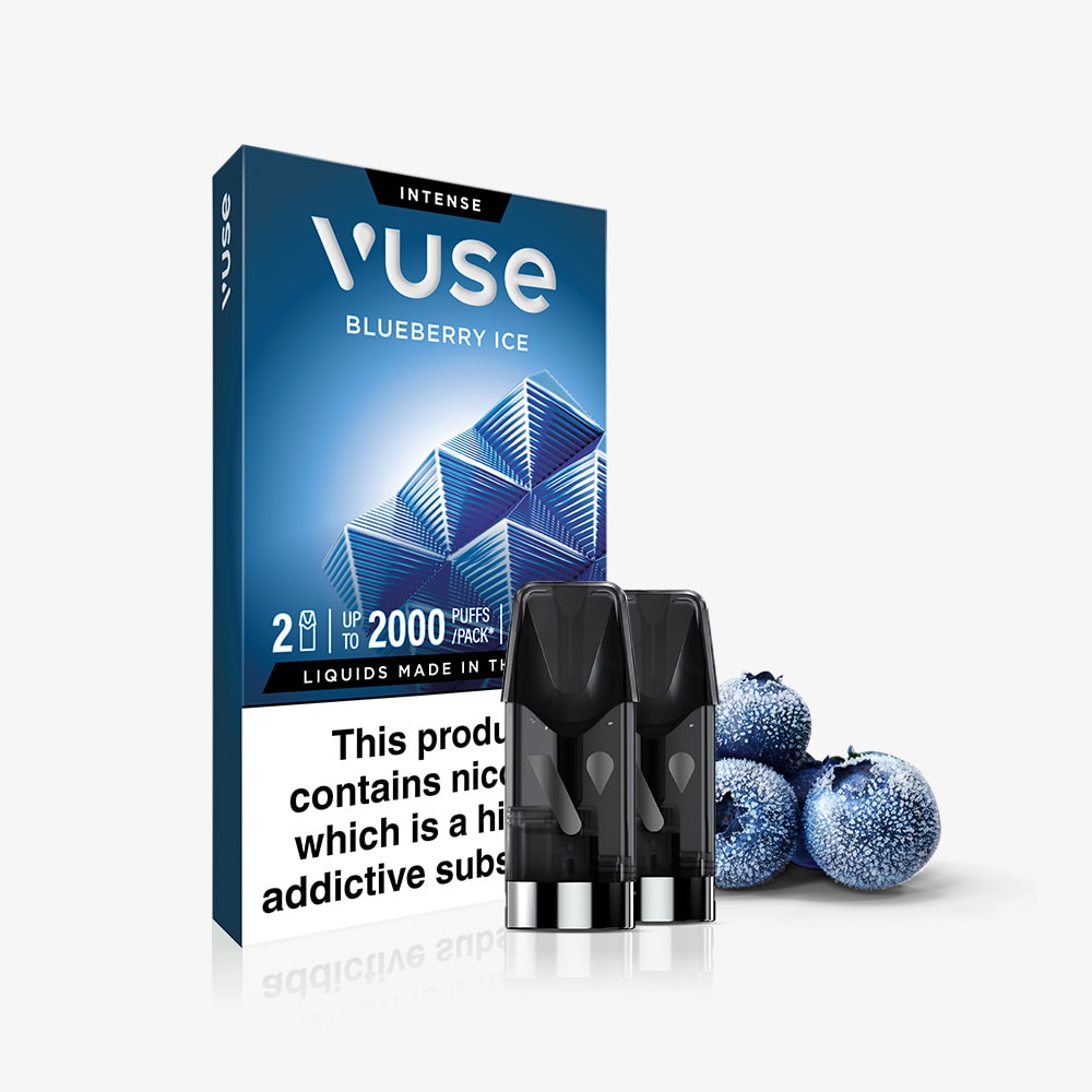 A pack of Blueberry Ice Vuse Extra Intense Flavour Pods by Vuse with two PRO compatible pods is shown beside three frosted blueberries. The packaging highlights product details and a nicotine warning.