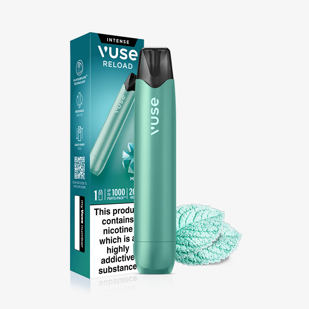 A mint green Mint Ice Aqua Vuse Reload Pen standing in front of its product packaging, which displays features, a QR code, and a nicotine warning.