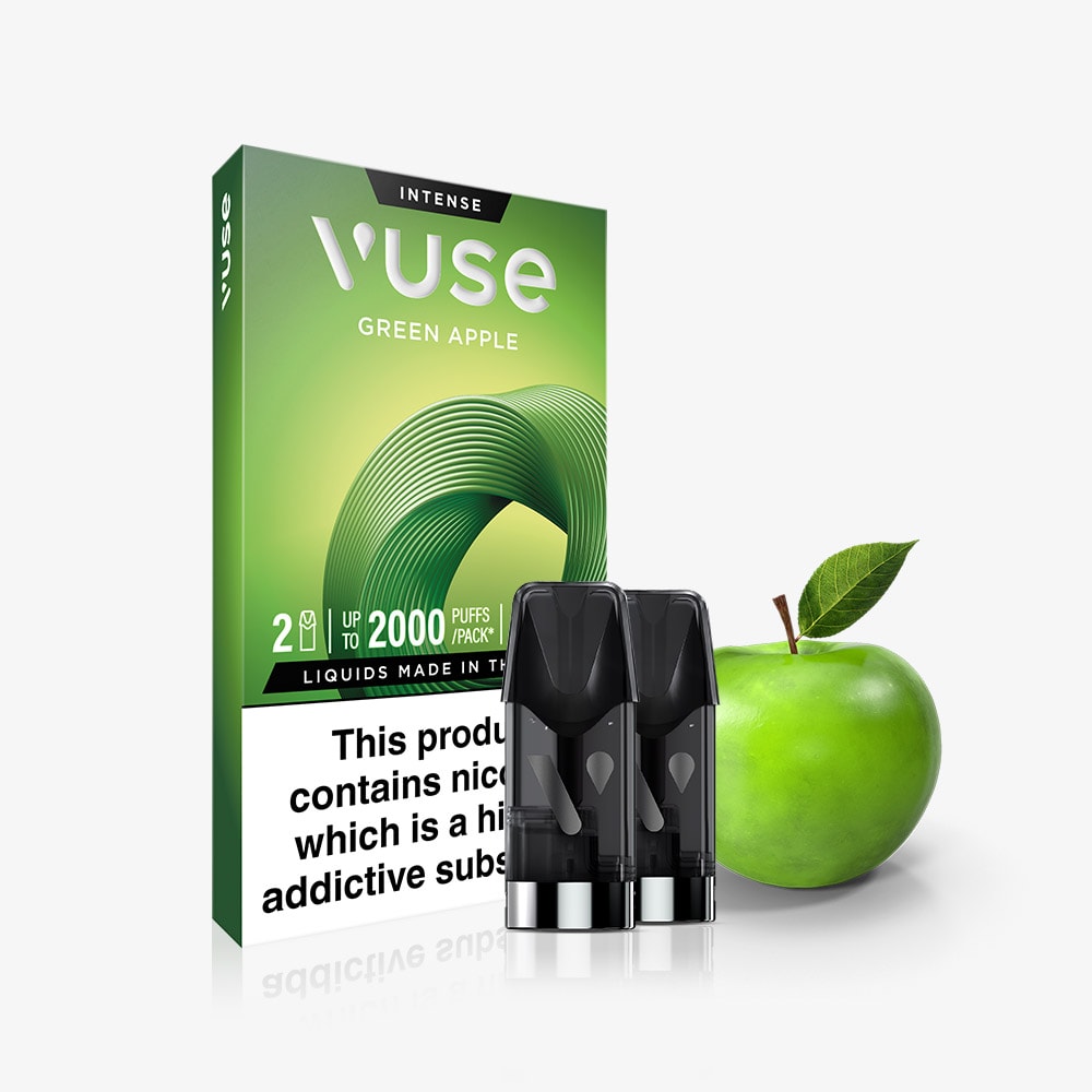 The Green Apple Vuse Extra Intense Flavour Pods pack features two pre-filled pods, an image of green apple, black and green packaging, and a nicotine health warning—ideal for green apple vape enthusiasts.