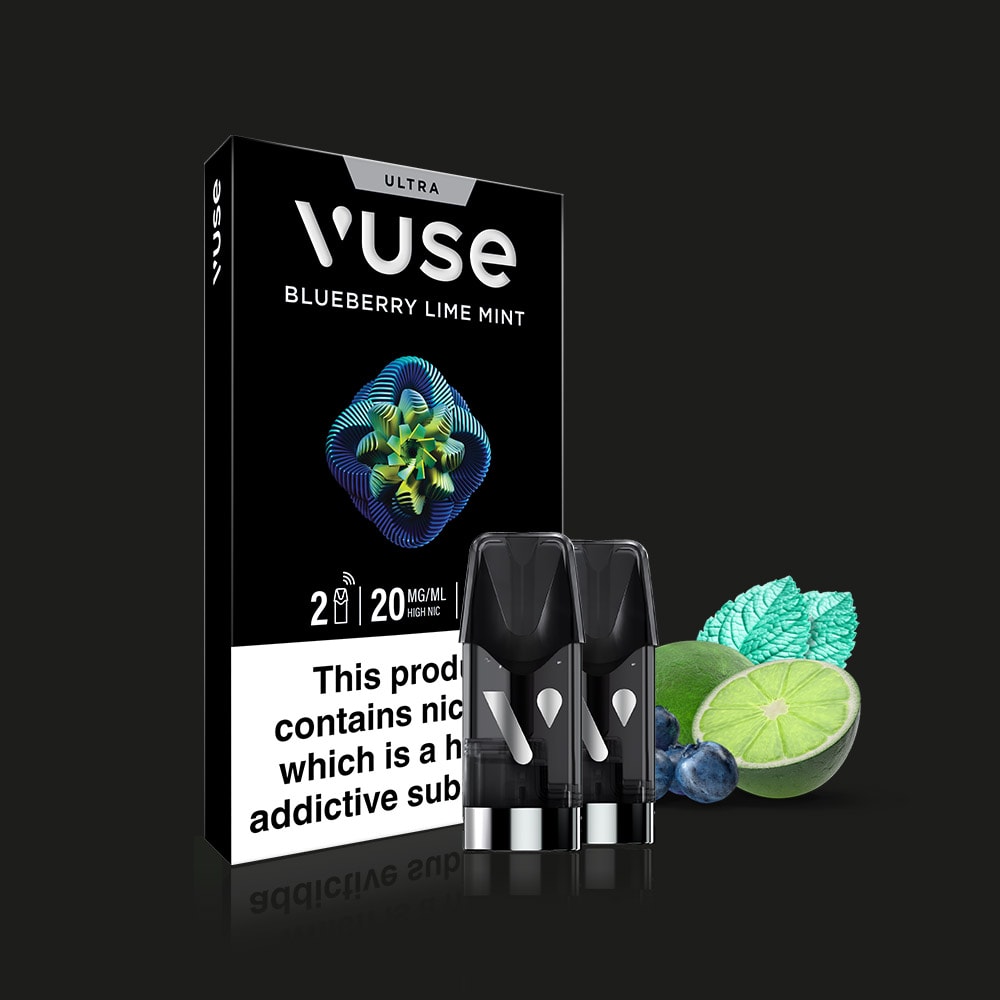 Vuse Blueberry Lime Mint Ultra Smart Pod packaging with two pods in front, surrounded by blueberries, lime, and mint leaves on a black background. Warning: contains nicotine, an addictive substance.
