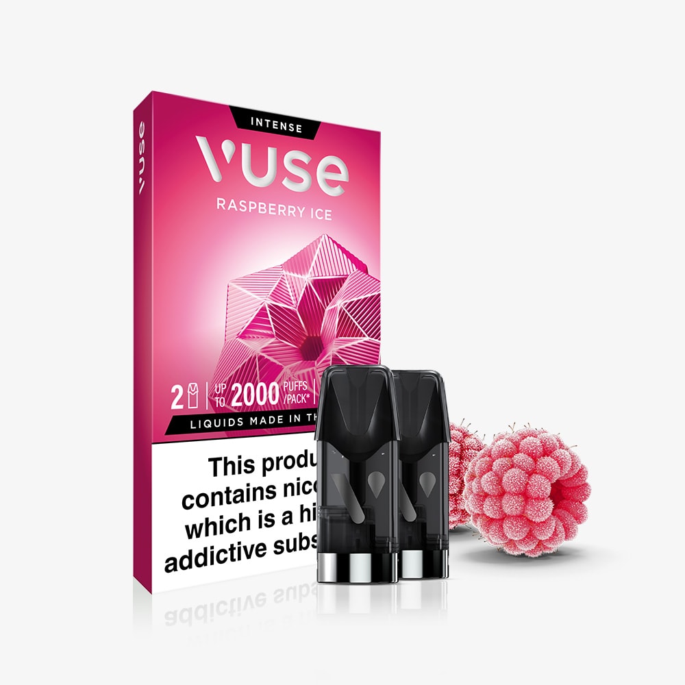 The Raspberry Ice Vuse Extra Intense Flavour Pods by Vuse come in pink packaging with geometric raspberry graphics, a nicotine warning, and two raspberries beside the pods. Each pack includes two pre-filled nic salt pods for a smooth vaping experience.