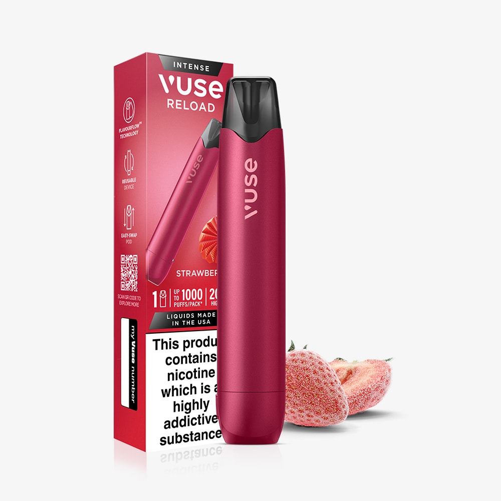 The Strawberry Ice Vuse Reload Pen by Vuse stands upright with its box showing product details and flavor. Two strawberries beside the pen highlight its refreshing strawberry taste.