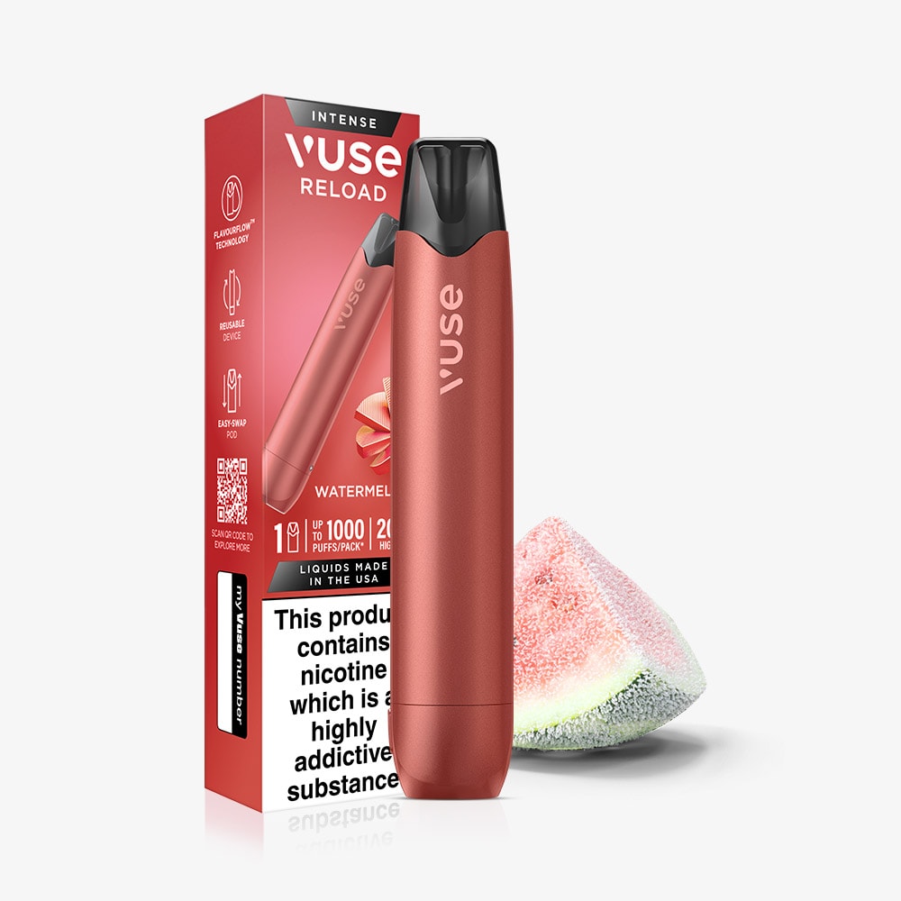 A red Watermelon Ice Vuse Reload Pen stands before its matching Vuse box, labeled Watermelon Ice flavor, next to a frosted watermelon slice. The packaging displays nicotine strength and essential warnings.