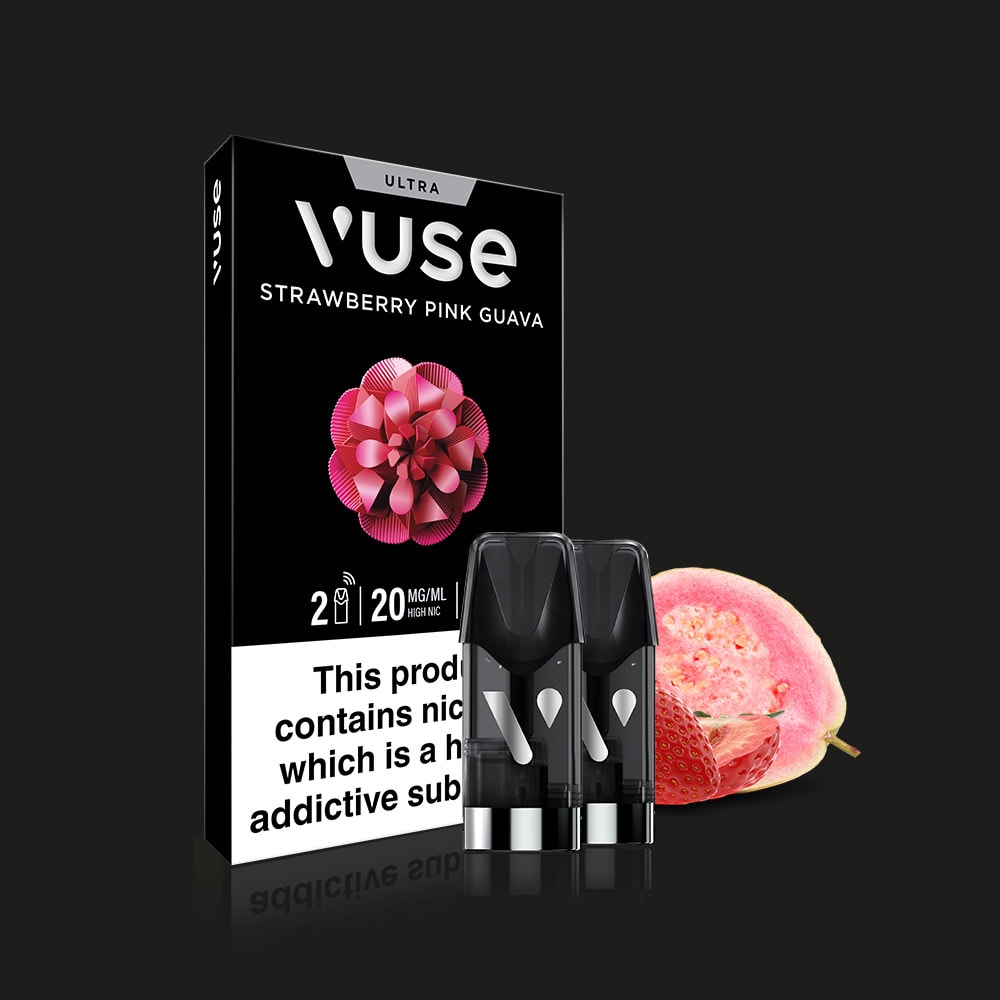 A Vuse Strawberry Pink Guava Ultra Smart Pod pack with two pods, Flavour AutoTune, sliced pink guava fruit, and a nicotine warning label displayed on a black background.