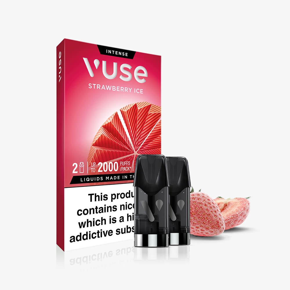 A Strawberry Ice Vuse Extra Intense Flavour Pods pack with two pods, a red box showing a sliced strawberry, and two strawberry halves beside the pods. Compatible with Vuse PRO. Nicotine warning is visible on the packaging.