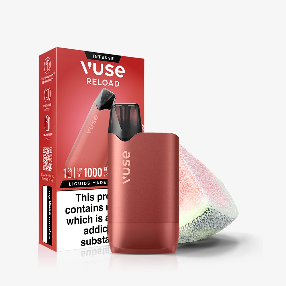 A red Vuse Reload vape stands before its red and white Watermelon Ice Vuse Reload Box by Vuse, with a sugared watermelon slice signaling the flavor. FlavourFlow technology ensures a vibrant vaping experience.