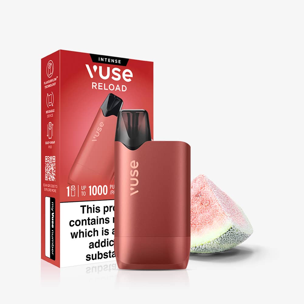A red Vuse Reload pod-style vape device next to its Watermelon Ice Vuse Reload Box packaging and a wedge of watermelon.