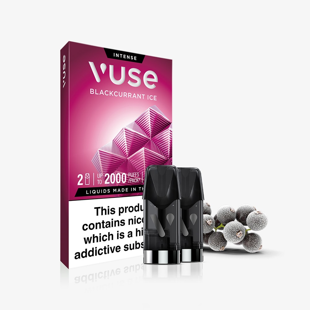 The Blackcurrant Ice Vuse Extra Intense Flavour Pods by Vuse are shown in packaging with two pods in front and frosty blackcurrants beside them. The box displays geometric designs and a nicotine warning label.